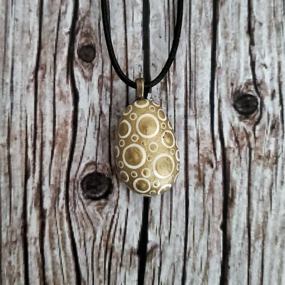 Hand Painted Dot Art Pendant. Gold with Parchment and Gold Spheres - Picture 13 of 16